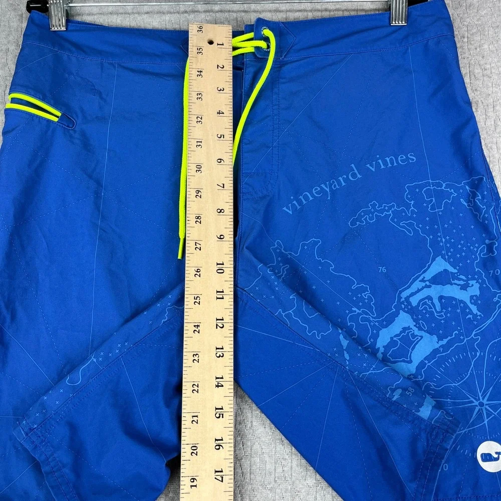 Vineyard Vines Board Shorts Men 32 Blue Nautical Map Print Swim Trunks Neon Trim